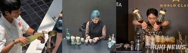 참가자들이 (왼쪽부터)데킬라 하이볼, 싱글톤 칵테일, 스피드 챌린지에 도전하고 있다. 각각 김희선, 김서운, 박희만(우승자) 바텐더. 김건주 기자