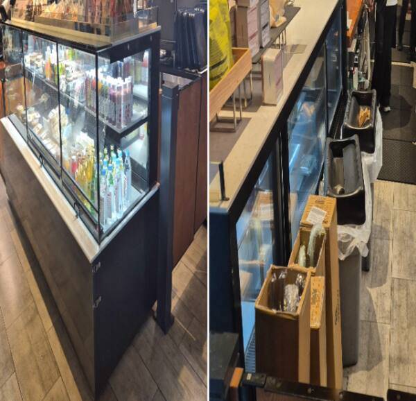 (왼쪽부터)고객들이 음료수를 꺼내는 진열장, 진열장 바로뒤 쓰레기통 4개 진열. 한양경제DB