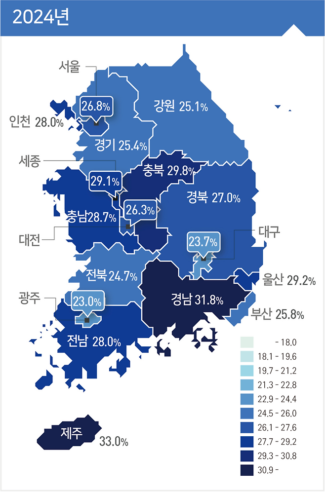 질병관리청이 10일 발표한 ‘지역별 중강도 이상 신체활동 실천율 현황’. 제주가 가장 높고 광주광역시가 가장 낮다. [사진=질병관리청]