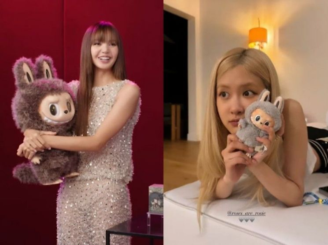 걸그룹 블랙핑크 멤버 리사(왼쪽)와 로제가 라부부 인형을 껴안고 있다. [사진 = 라부부·로제 인스타그램]