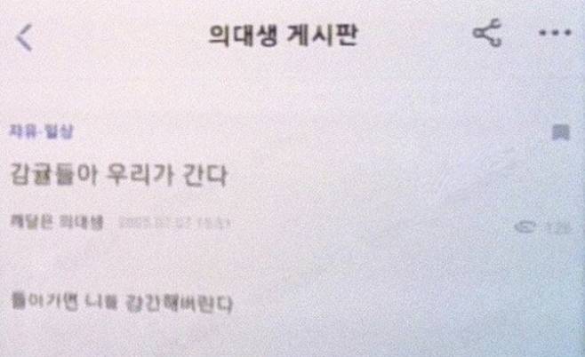 의사와 의대생만 가입할 수 있는 게시판에 집단행동에 참여하지 않은 전공의와 의대생을 성폭행하겠다는 내용의 글이 올라왔다.  /사진=온라인 커뮤니티 캡처