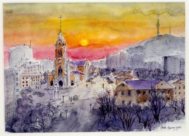 박병주, ‘서울특별시 도시경관 특징 기록화 (명동성당)’, 1994, 25×34cm, 종이에 펜, 수채, 서울시립미술관 소장