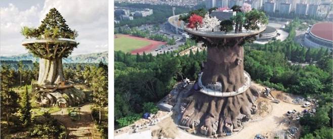 경남 창원시에 들어서는 인공나무 전망대 ‘빅트리’ 조감도(왼쪽)와 현재 모습. 조감도와 달리 흉물스럽게 보여 논란이 되고 있다. 창원시 제공