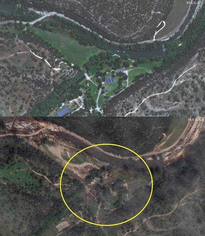 이번 홍수로 많은 어린이들이 사망한 과달루페 강 인근 캠프 미스틱 일대 모습.  위 사진은 2023년 6월 촬영, 아래 사진은 지난 8일 위성으로 촬영됐다. 2025 Maxar Technologies 제공