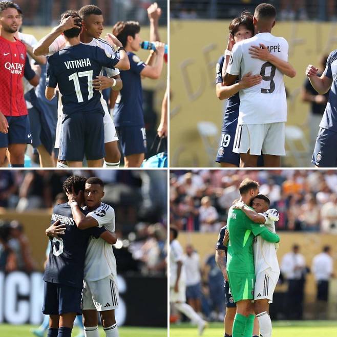 경기 후 킬리안 음바페와 포옹하고 있는 이강인(오른쪽 위 사진). /사진=PSG 리포트 SNS 캡처