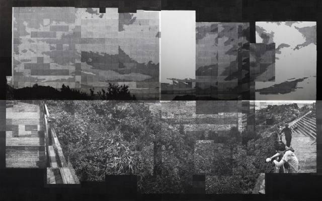 권세진, 다중시점2(perspective), 캔버스, 한지에 먹(ink on paper collage on canvas), 180x227cm(each 10×10㎝, 414piece), 2023