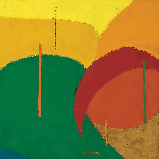 Lot. 42, 유영국, 1916-2002, [황혼], oil on canvas, 64.2×64.2cm, 1979, 4억 5000만 - 6억 원 (서울옥션 제공)