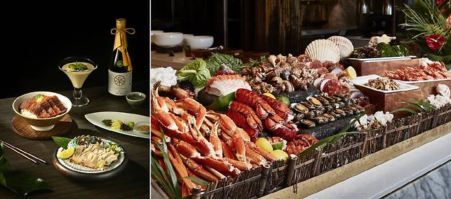 ◇파라다이스시티 '라쿠' '서머 셰프 스페셜' 런치 세트(왼쪽), 파라다이스 호텔 부산 '온 더 플레이트' '씨푸드 뷔페 모습.