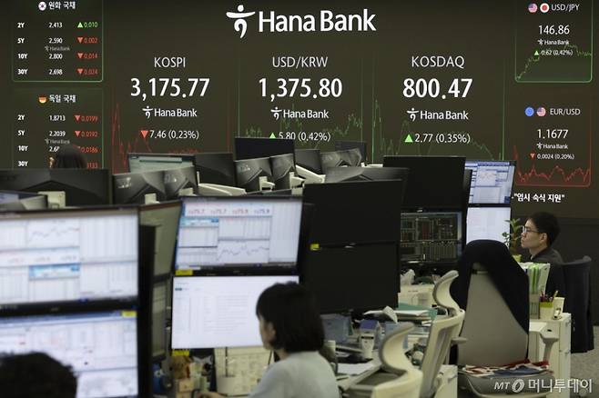 11일 서울 중구 하나은행 본점 딜링룸 전광판에 지수가 나오고 있다. /사진=뉴시스