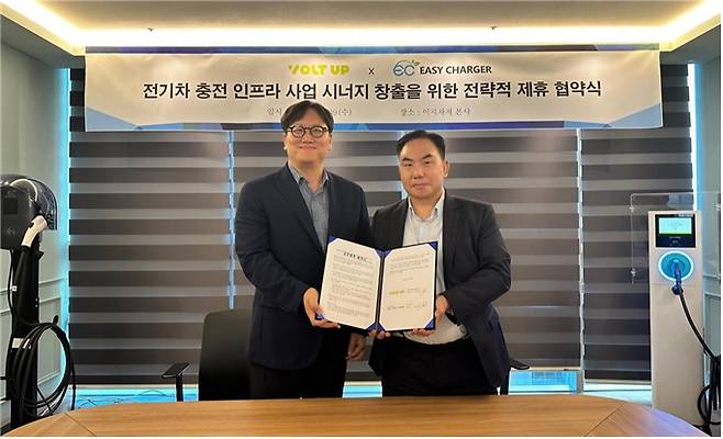 이지차저와 LG유플러스볼트업이 협약을 맺으면서 기념촬영 중이다/사진제공=이지차저