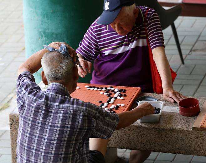 바득으로 더위 극복. 사진은 지난 7일 오후 부산 동래구 원동교 하부 그늘에서 어르신들이 바둑을 두며 더위를 식히고 있는 모습. /사진=뉴스1