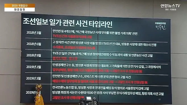 대검 국정감사에서 박주민 의원이 윤석열에게 제시한 ‘조선일보 일가 관련 사건 타임라인’. 박 의원은 검찰총장이 여러 건으로 수사가 진행 중인 사건 당사자와 만나 공정성에 오해를 받을 수 있다고 지적했다. (출처: 연합뉴스TV)