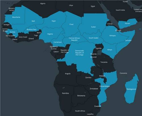 WFP가 운영하는 운하스가 운항하는 아프리카 국가들(파란색) [WFP 제공. 재판매 및 DB 금지]