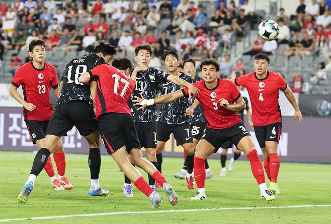 11일 경기도 용인미르스타디움에서 열린 2025년 동아시아축구연맹(EAFF) E-1 챔피언십(동아시안컵) 남자부 2차전 한국과 홍콩의 경기. 한국 이호재가 골을 넣고 있다. 사진=연합뉴스