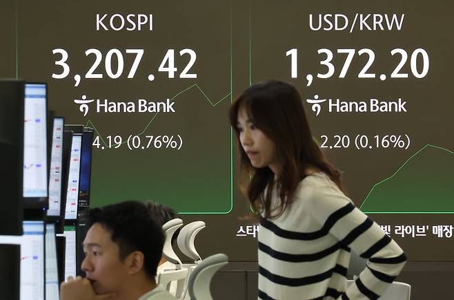 코스피가 3년 10개월 만에 3200선 회복한 지난 11일 오전 서울 중구 하나은행 딜링룸에 코스피와 원달러환율이 표시되고 있다. 코스피 3200선 돌파는 지난 2021년 9월 6일(장중 3206.25) 이후 약 3년 10개월 만이다. /뉴스1