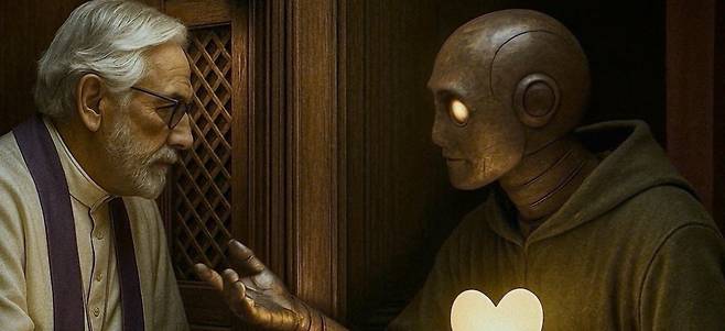 인공지능을 활용해 제작한 영화 ‘고해성사’에서 휴머노이드가 신부를 찾아가 “나도 고해성사를 하게 해 달라”고 말하는 장면. 
부천국제판타스틱영화제(BIFAN) 제공