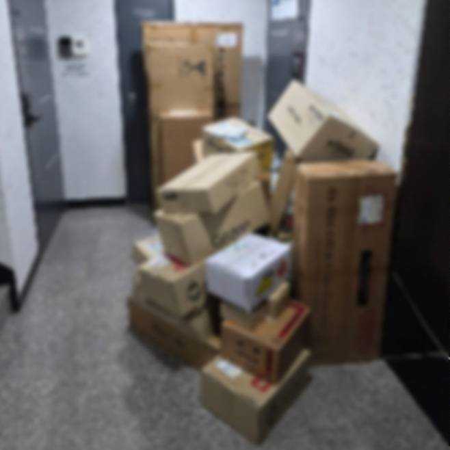 이웃집이 산더미처럼 쌓인 택배를 치우지 않아 골머리를 앓는다는 사연이 전해졌다. /사진=보배드림 갈무리