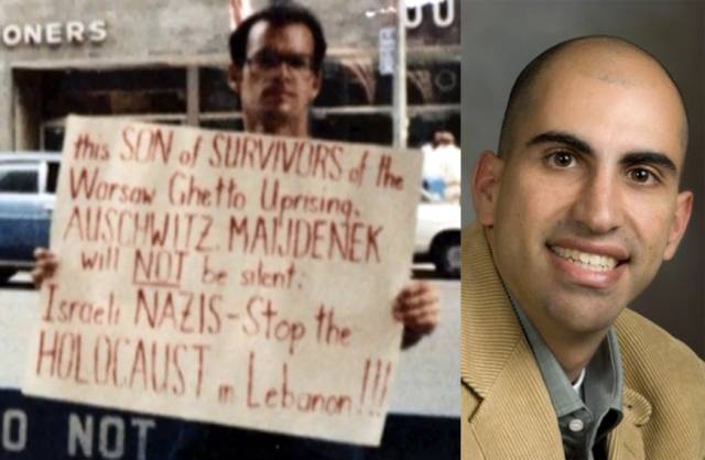 ▲ 이스라엘의 레바논 침공을 반대하며 1인 피켓 시위를 벌이는 핀켈슈타인(왼쪽), 이스라엘의 가자(Gaza) 공습을 비판하는 트윗 때문에 대학에서 쫓겨난 스티븐 살라이타(오른쪽). Ⓒ위키미디어