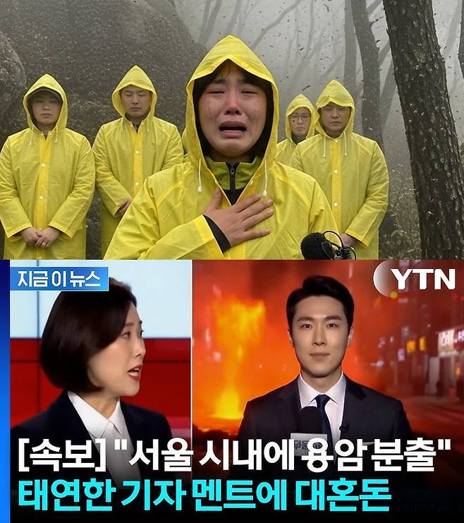 러브버그 보호를 주장하는 환경운동가(위)와 서울 시내에서 용암이 분출된다는 뉴스 보도 화면. 모두 인공지능(AI)으로 만든 이미지다.&nbsp; 사회관계망서비스(SNS) 캡처