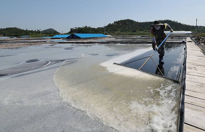 염부 전동길 씨가 신안 도초도 염전에서 소금을 긁어모으고 있다.
