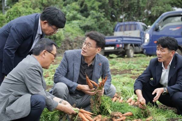 문대림 국회의원이 지난 12일 제주시 구좌읍 당근밭에서 현장의 목소리를 듣고 있다.