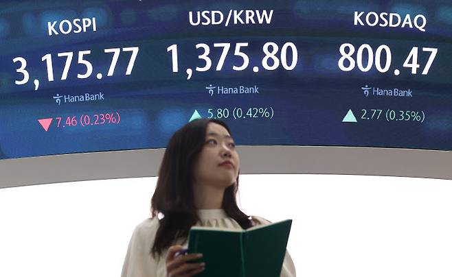 11일 오후 서울 중구 하나은행 본점 딜링룸 현황판에 코스피 지수, 원·달러 환율, 코스닥 지수가 표시돼 있다. 이날 코스피 지수는 전 거래일보다 7.46포인트(0.23%) 내린 3175.77로 마감했다. (사진=연합뉴스)