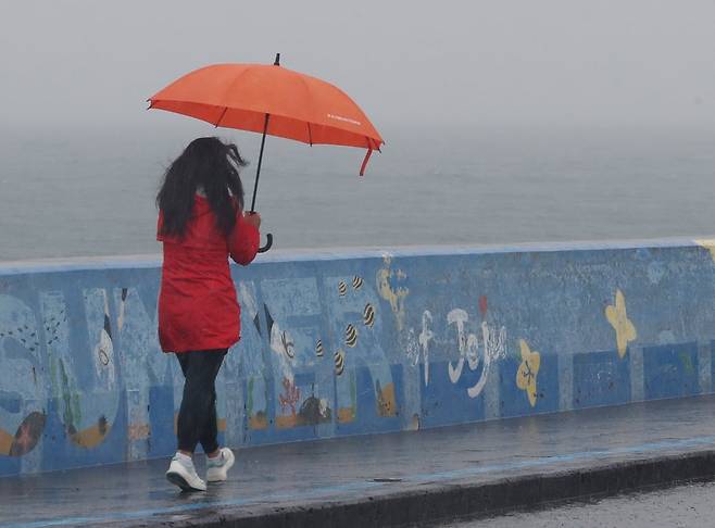 한 관광객이 우산을 들고 제주시 용담해안도로를 걷고 있다. /뉴스1