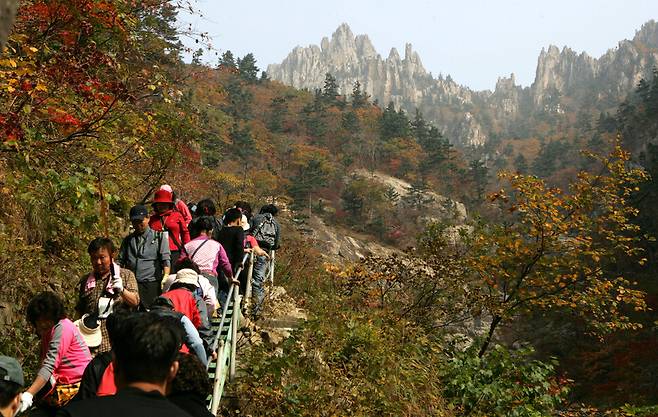 2006년 10월15일 금강산 외금강 만물상으로 가는 등산로를 오르는 한국 관광객들. 당시 한겨레 사진부 기자였던 강재훈 사진가가 찍었다.