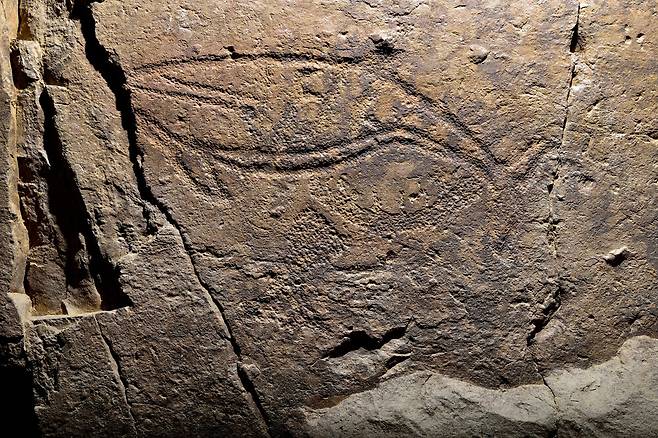 An image of a whale is shown in a petroglyph along the Bangu Stream in Ulsan. (Ulsan Metropolitan City)