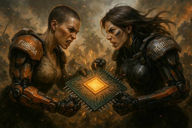 퓨리오사AI와 리벨리온이 반도체 시장에서 경쟁하는 이미지. /일러스트=챗GPT