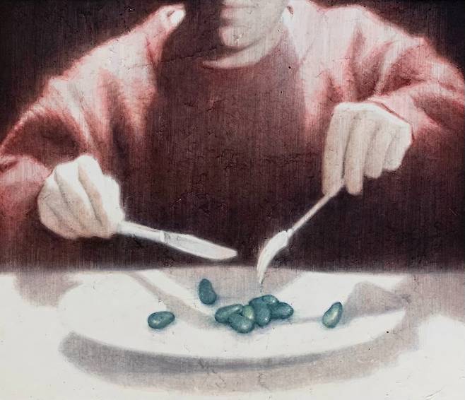 김소영, Green Beans, 장지에 아크릴, 45.5x53cm(2024). 김리아갤러리 제공