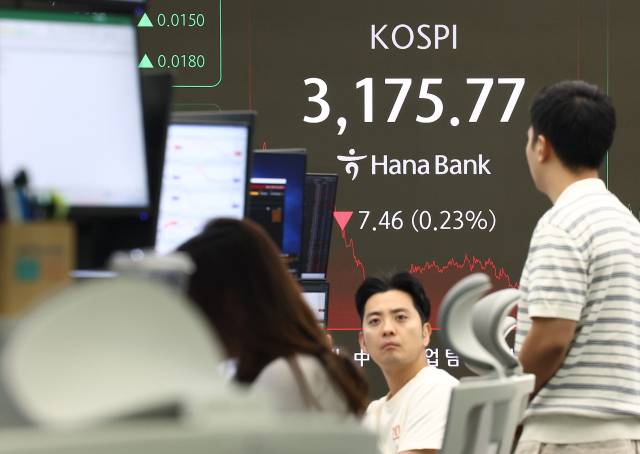 11일 서울 중구 하나은행 본점 딜링룸 현황판에 코스피 지수가 표시돼 있다. 이날 코스피 지수는 전 거래일보다 7.46포인트(0.23%) 내린 3175.77로 마감했다. 연합뉴스