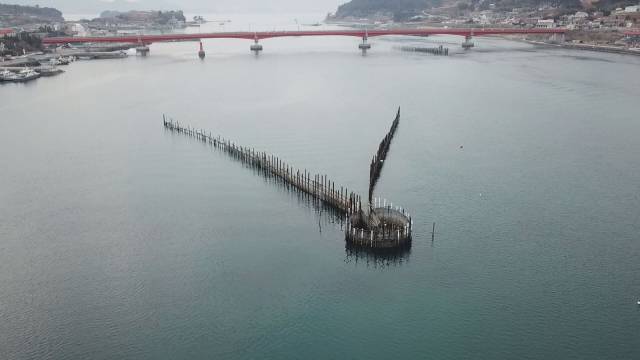 지족해협 죽방렴 모습. 500년을 이어온 원시어업으로, 남해군이 자랑하는 어업 유산이다. 김현우 기자