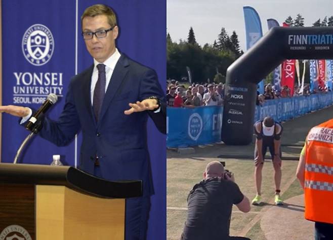지난 11일(현지시간) 핀란드 요로이넨에서 열린 트라이애슬론 경기에 가명으로 참가한 알렌산데르 스투브 핀란드 대통령. (사진=뉴스1, 엑스 캡처)