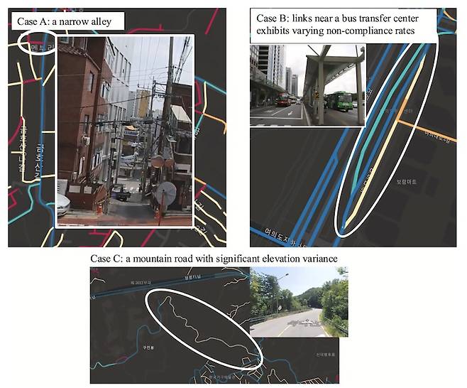 카카오내비는 복잡한 골목길(Case A), 버스 환승센터 부근(Case B), 산간도로(Case C) 등  기존 내비게이션에서 자동으로 반영하지 못한 불편 구간을 실시간 경로 탐색에 반영한다. (카카오모빌리티 제공)