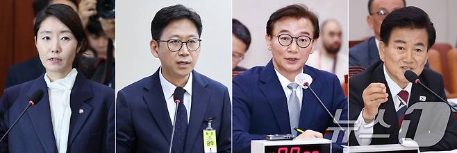 강선우 여성가족부 장관 후보자(왼쪽부터), 배경훈 과학기술정보통신부 장관 후보자, 전재수 해양수산부 장관 후보자, 정동영 통일부 장관 후보자가 14일 서울 여의도 국회에서 열린 인사청문회에 출석해 발언하고 있다. 이재명 정부 초대 장관 후보자들에 대한 인사청문회가 이날부터 오는 18일까지 진행된다. 2025.7.14/뉴스1 ⓒ News1 김민지 기자,이광호 기자,유승관 기자,안은나 기자