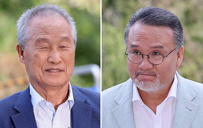 조성옥 전 삼부토건 회장(왼쪽)과 이일준 삼부토건 회장이 지난 10일 오전 서울 종로구 윤석열 전 대통령의 부인 김건희 여사 관련 의혹을 수사하는 민중기 특별검사팀 사무실에 조사를 받기 위해 출석하고 있다. /뉴스1