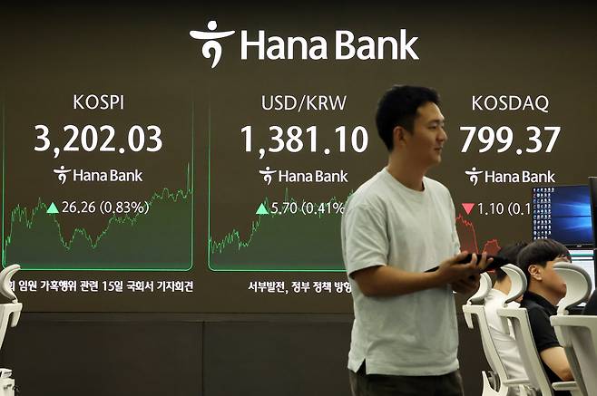 14일 오후 서울 중구 하나은행 본점 딜링룸 전광판에 증시 종가가 표시되고 있다. /뉴스1