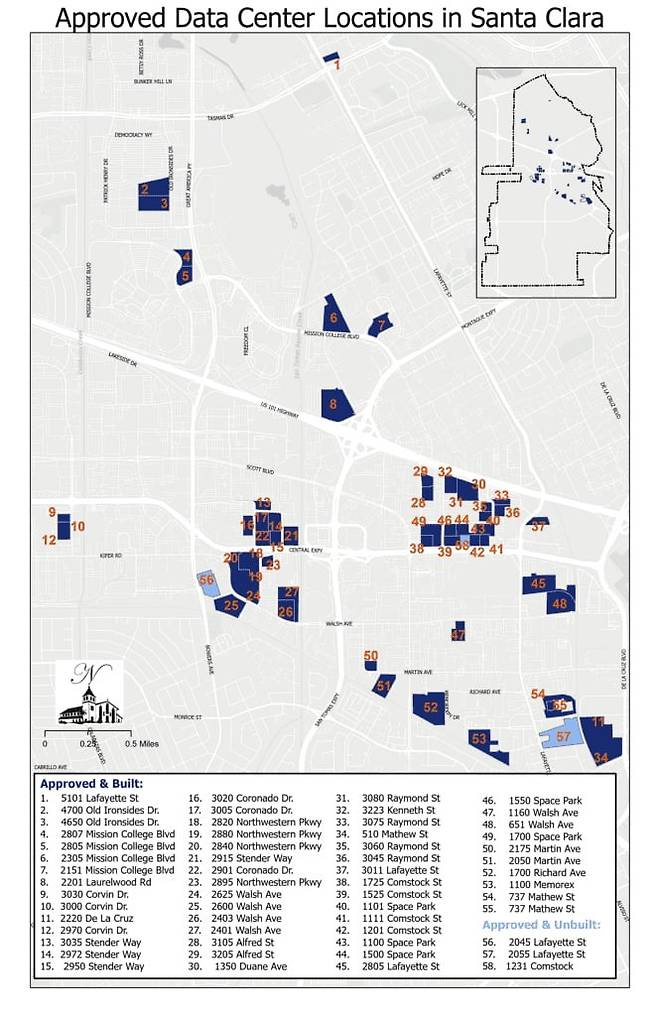 산타클라라카운티에 있는 55개 데이터센터와 3개(56~58) 신규 데이터센터 예정지. 산타클라라카운티