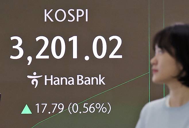 7월 11일 오전 서울 중구 하나은행 딜링룸에 코스피가 표시되고 있다. 코스피 3200선 돌파는 지난 2021년 9월 6일 이후 약 3년 10개월 만이다. 사진=뉴스1