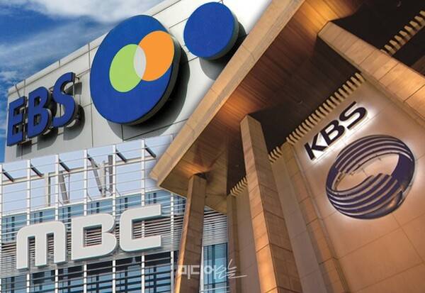 ▲ 왼쪽부터 시계방향으로 EBS, KBS, MBC 사옥 로고. 디자인=안혜나 기자