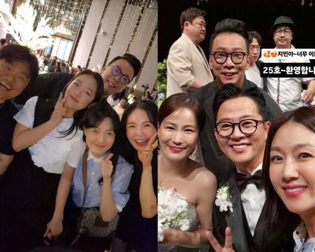 김지혜와 박준형은 이날 주인공인 김지민, 김준호와 사진을 찍었다. / 김지혜 소셜미디어 계정