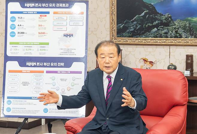 양재생 부산상공회의소 회장이 14일 ‘HMM 본사 부산유치 경제효과 분석 및 유치전략’ 을 발표하고 있다. [부산상공회의소 제공]