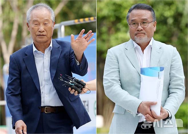 [서울=뉴시스] 조성우 기자 = 조성옥(왼쪽) 전 삼부토건 회장과 이일준 삼부토건 회장이 지난 10일 오전 서울 종로구 KT 광화문빌딩 웨스트에 마련된 김건희 여사 연루 의혹이 제기된 주가조작 사건을 조사하는 민중기 특별검사팀 사무실로 출석하고 있다. 2025.07.14. xconfind@newsis.com