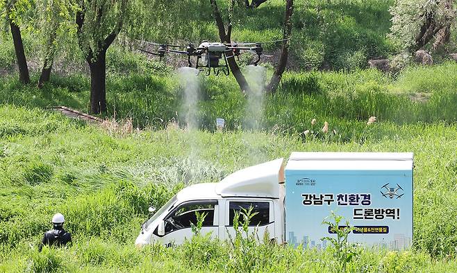 강남구보건소&nbsp;질병관리과 감염병대응팀이 14일 서울 강남구 양재천에서 모기 퇴치 작업을 하고 있다. 이제원 선임기자