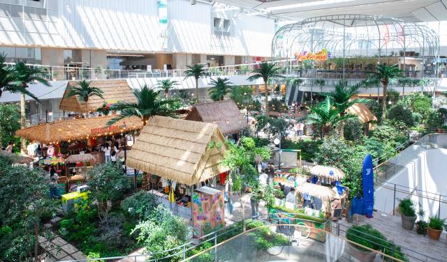 현대백화점이 다음 달 17일까지 더현대 서울의 실내정원 사운즈포레스트에서 하와이의 마우이섬을 콘셉트로 이색적인 공간 연출을 선보인다고 11일 밝혔다. 방문 고객은 최대 7.5m 높이의 야자수 10여 그루가 둘러싸고 있는 공간에서 하와이풍 상점들을 즐길 수 있다. 사진 제공=현대백화점