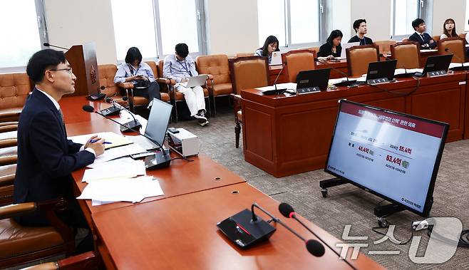 15일 오전 서울 여의도 국회 기획재정위원회에서 임광현 국세청장 후보자 인사청문회가 열리고 있는 가운데 임 후보자 세무법인 선택 관련 의혹 자료가 나오고 있다. 2025.7.15/뉴스1 ⓒ News1 김민지 기자