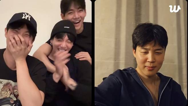 BTS RM-정국-뷔-지민. ‘위버스’ 라이브 방송 캡쳐.