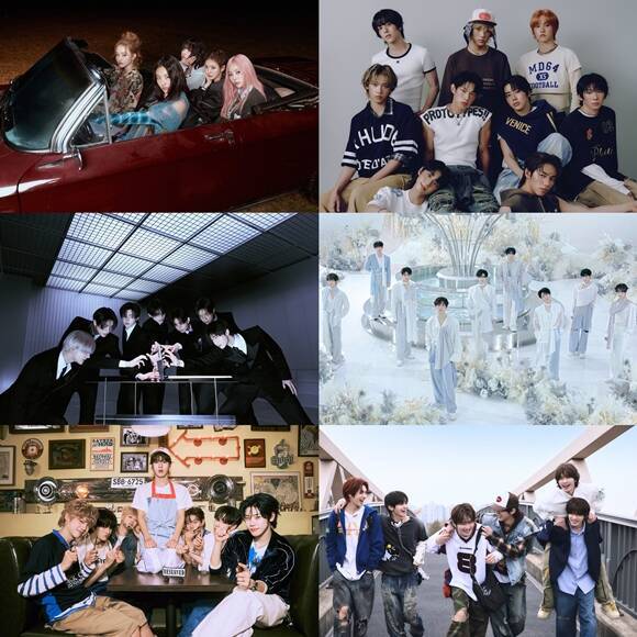 미야오, 아홉, 클로즈 유어 아이즈, 투어스, 제로베이스원, 엔하이픈(왼쪽 위부터 시계방향)이 '2025 더팩트 뮤직 어워즈'에 출격한다. /더블랙레이블, F&F엔터테인먼트, 언코어, 플레디스엔터테인먼트, 웨이크원, 빌리프랩