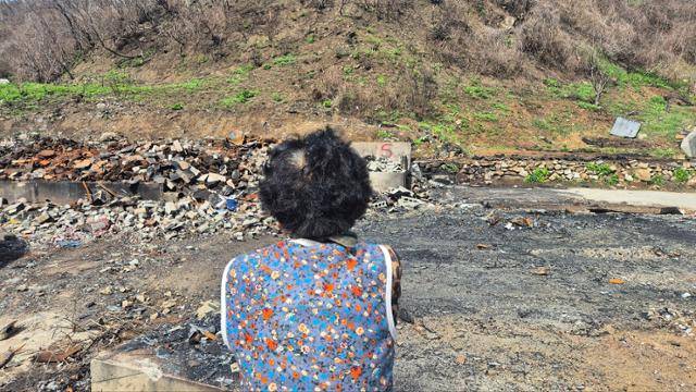 서복래 할머니가 4월 23일 안동시 길안면 대곡1리에서 전소된 집터를 바라보고 있다. 안동=김나연 기자